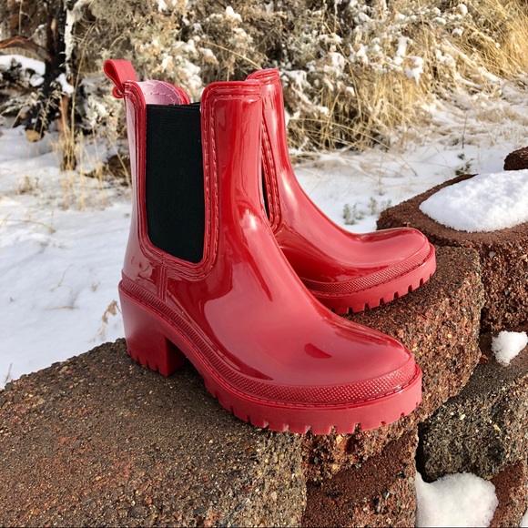 LAST PAIR! New! Red Rain Boots with Block Heel - Picture 4 of 8